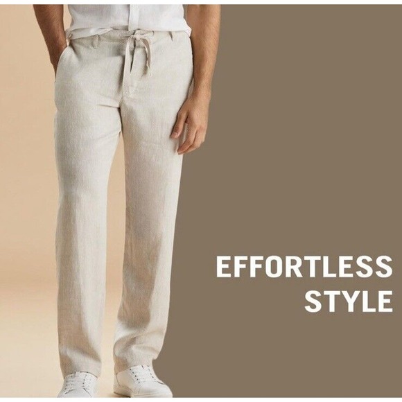 Perry Ellis NATURAL 100% LINEN Drawstring Beige Men's Pants NWT US‎ 38 - Picture 1 of 16